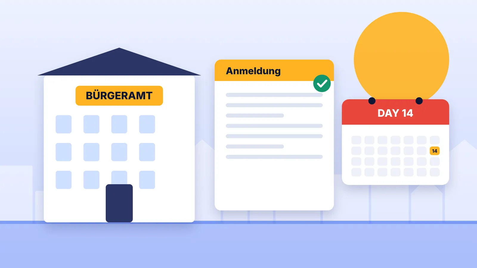 Illustration of a Bürgeramt building, a registration form and a calendar with the 14-day deadline marked