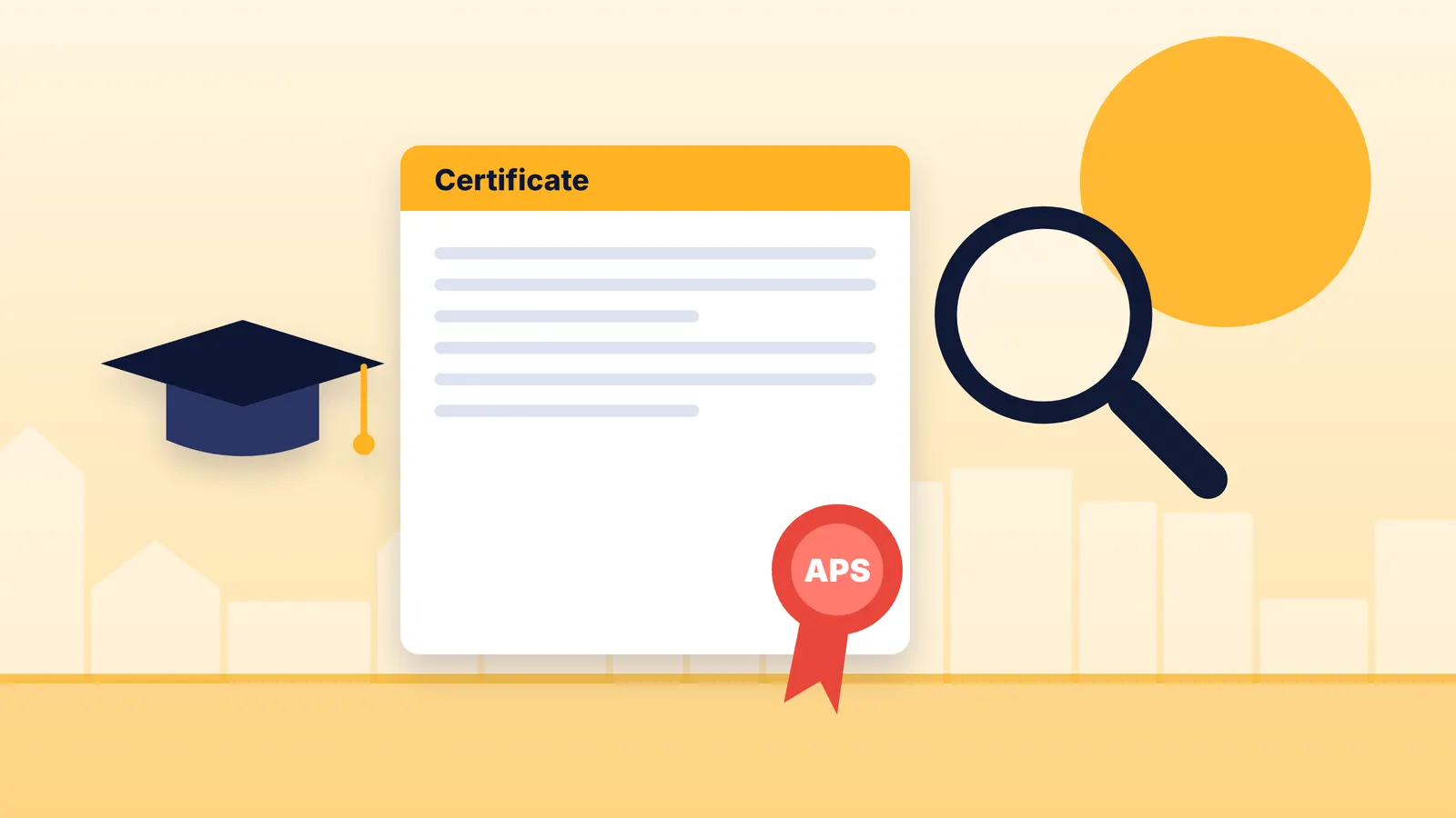 Illustration of an academic certificate with a seal, a graduation cap and a magnifying glass checking the documents