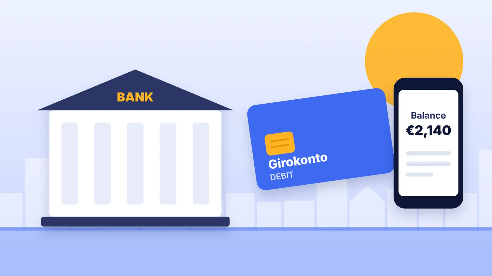 Illustration of a bank building, a debit card and a phone showing a banking app