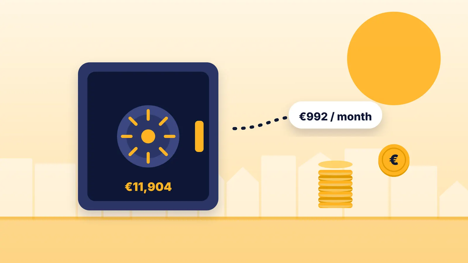 Illustration of a safe holding euro coins with a monthly payout of 992 euros
