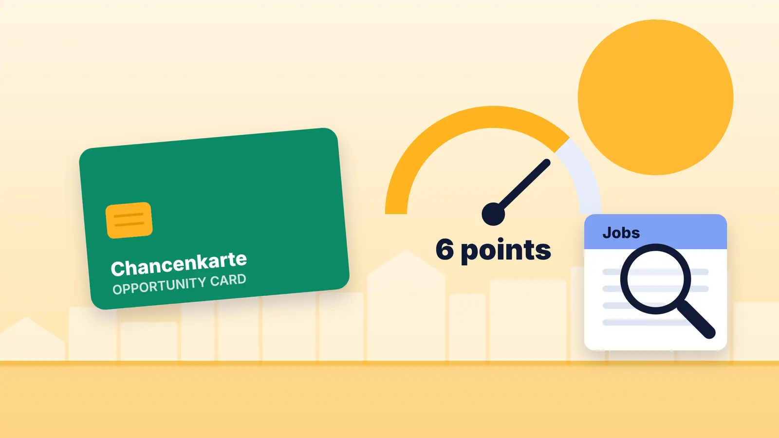 Illustration of an opportunity card with a points gauge showing six points and a magnifying glass over job listings
