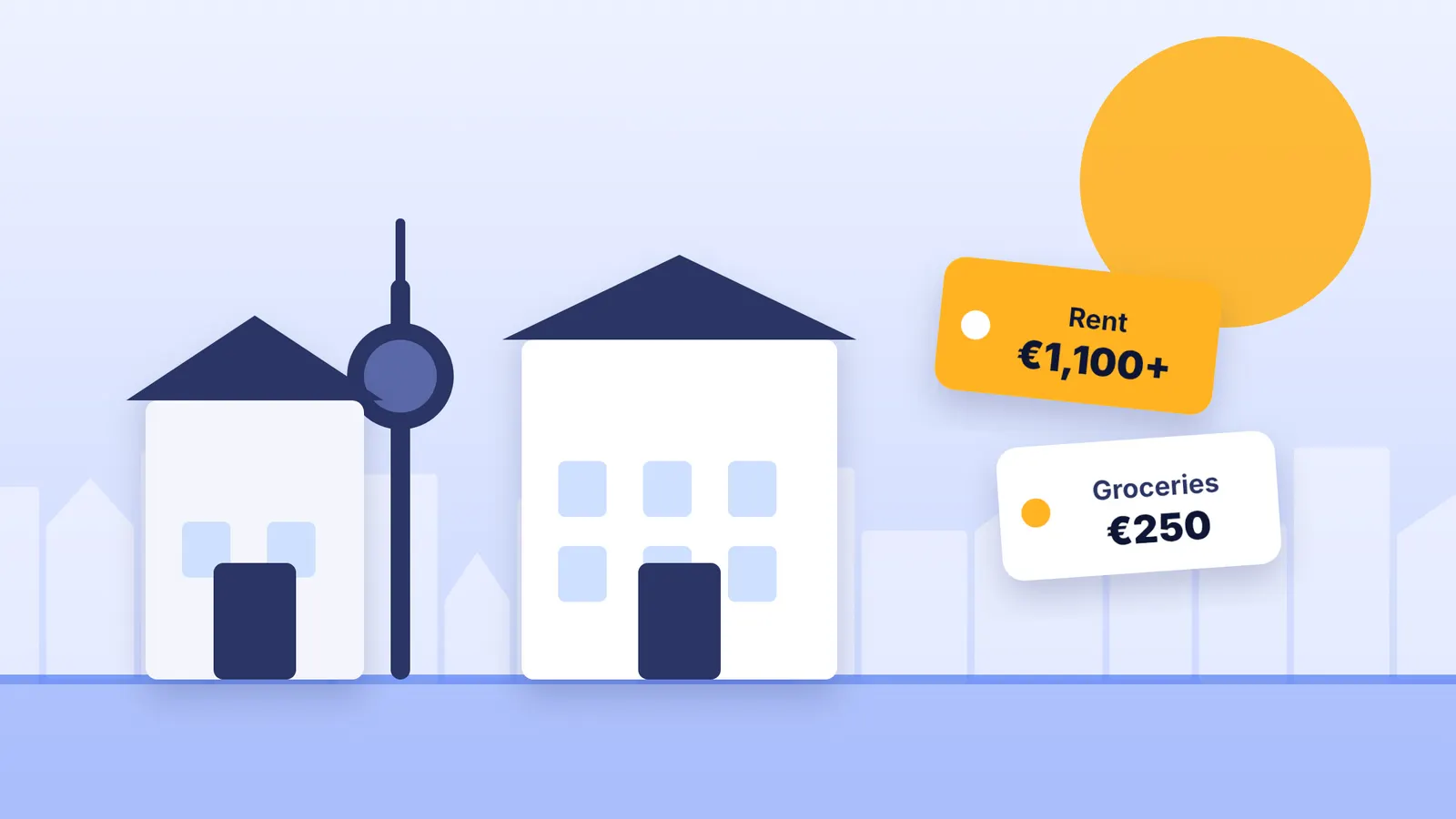 Illustration of the Berlin TV tower behind apartment buildings with price tags for rent and groceries