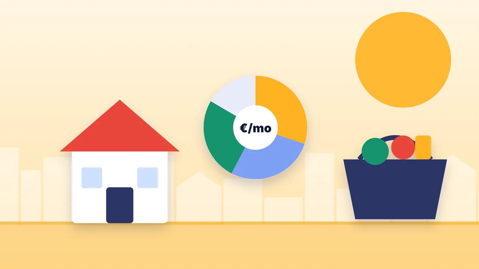 Illustration of a student budget: a shopping basket, a small house for rent and a pie chart of monthly costs