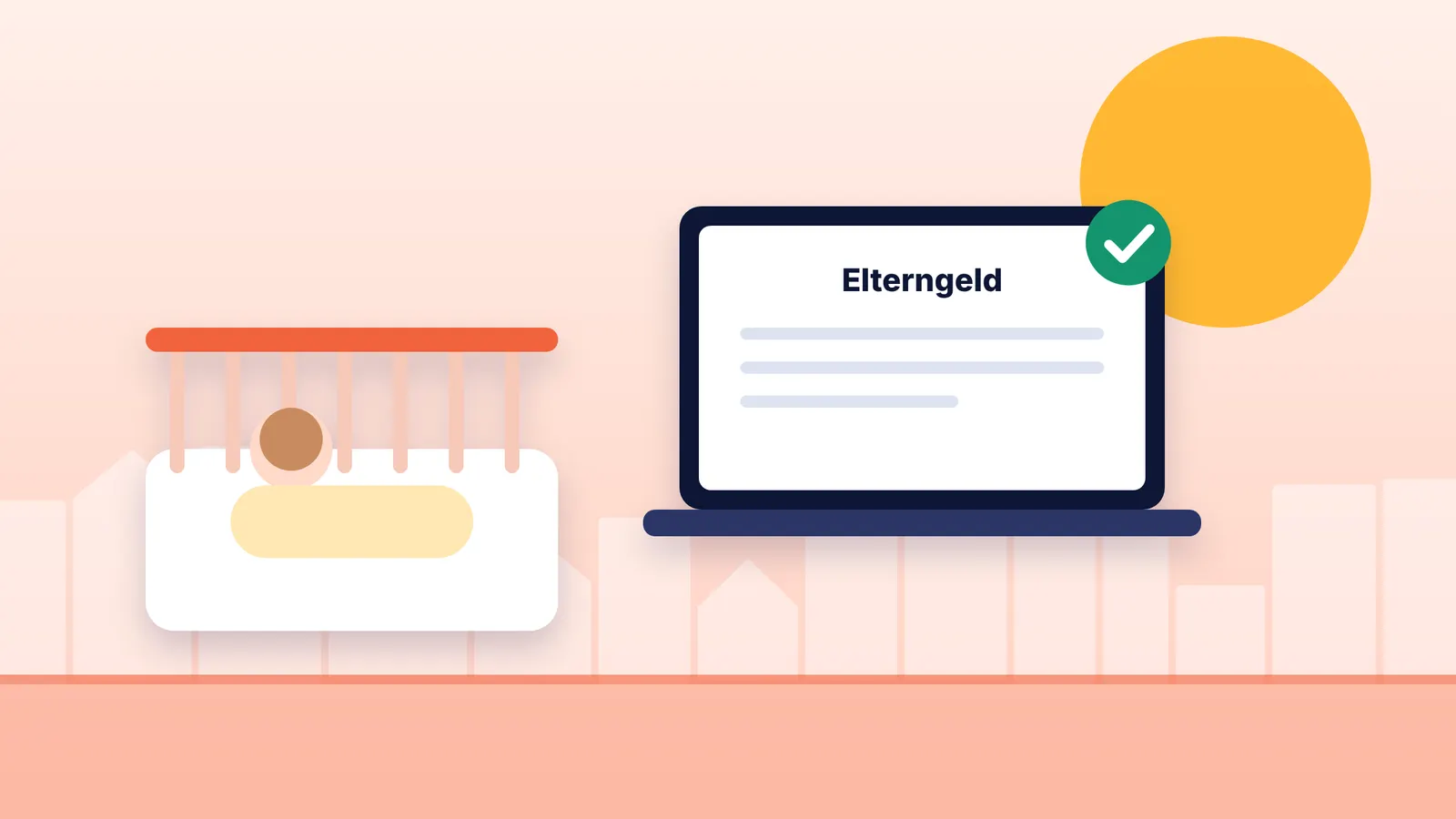 Illustration of a baby cot, a laptop with an approved online application and a calendar of months
