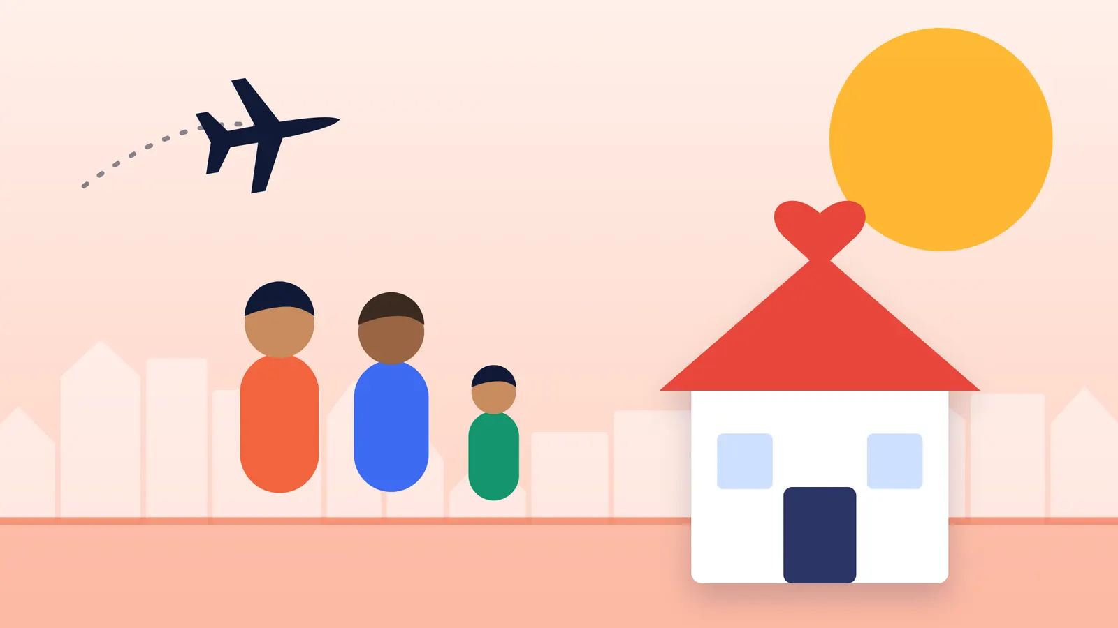 Illustration of a family of three walking towards a house with a heart, with a plane in the sky