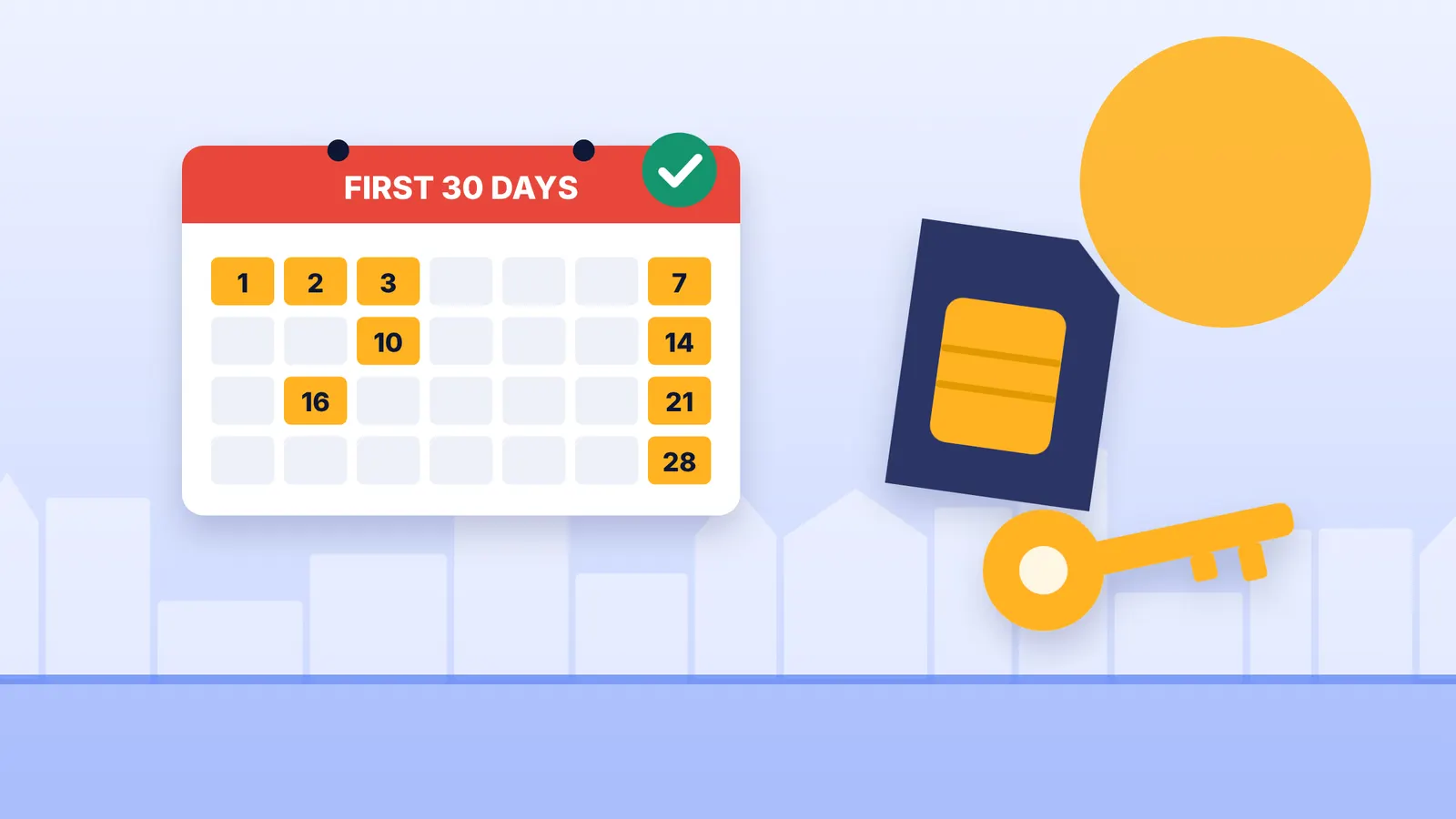 Illustration of a monthly calendar with completed days, a SIM card and a flat key