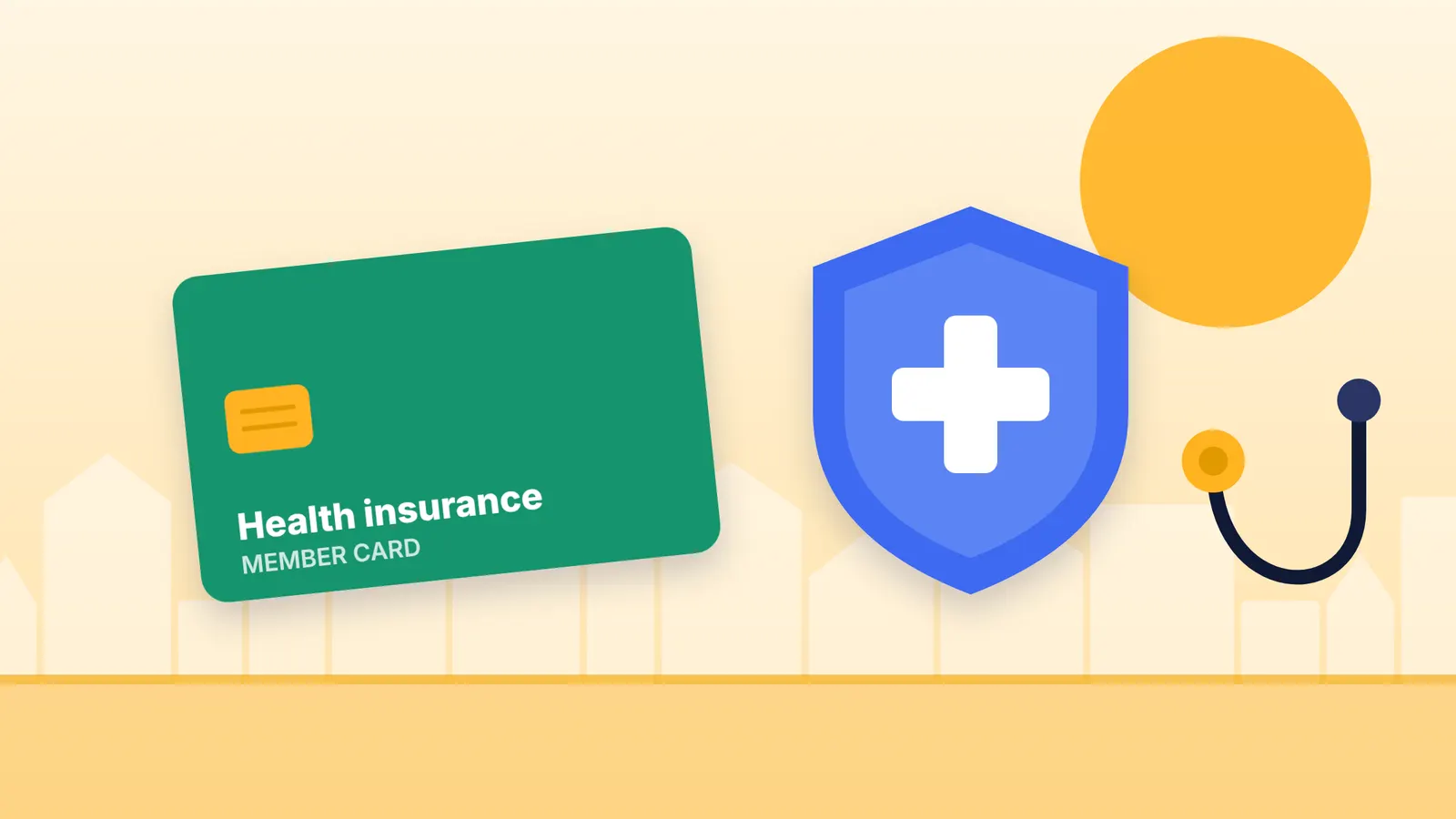 Illustration of a health insurance card with a cross, a protective shield and a stethoscope