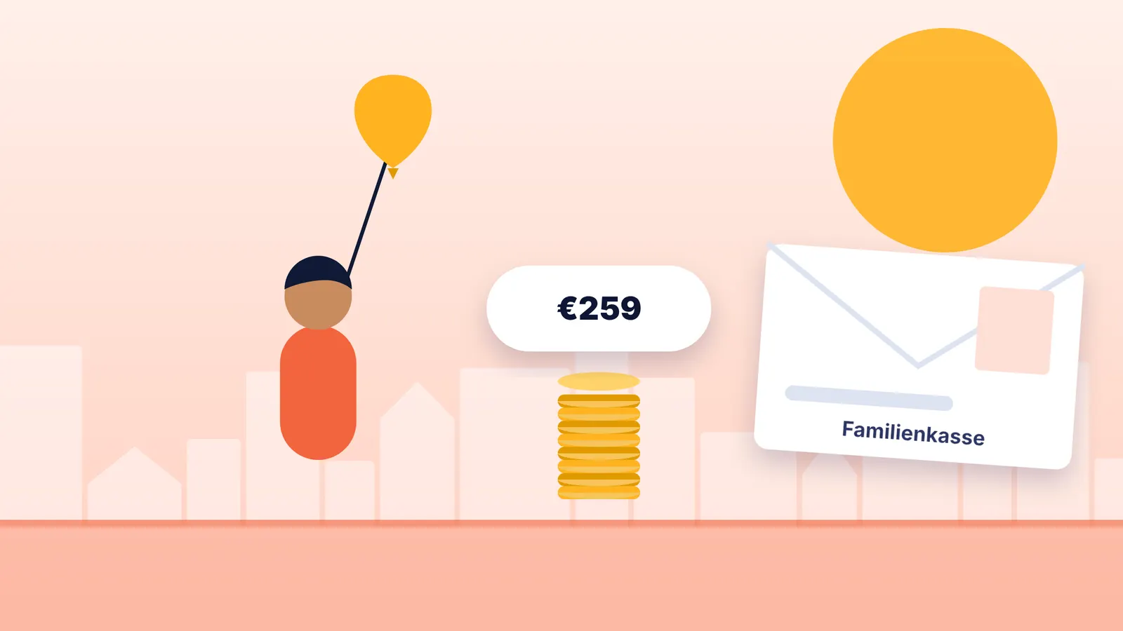 Illustration of a child with a balloon next to a stack of coins and a letter from the family benefits office