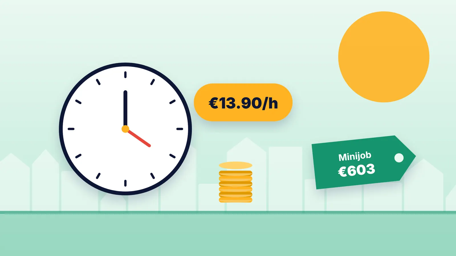Illustration of a clock and coins showing the 13.90 euro hourly minimum wage and a 603 euro mini-job tag