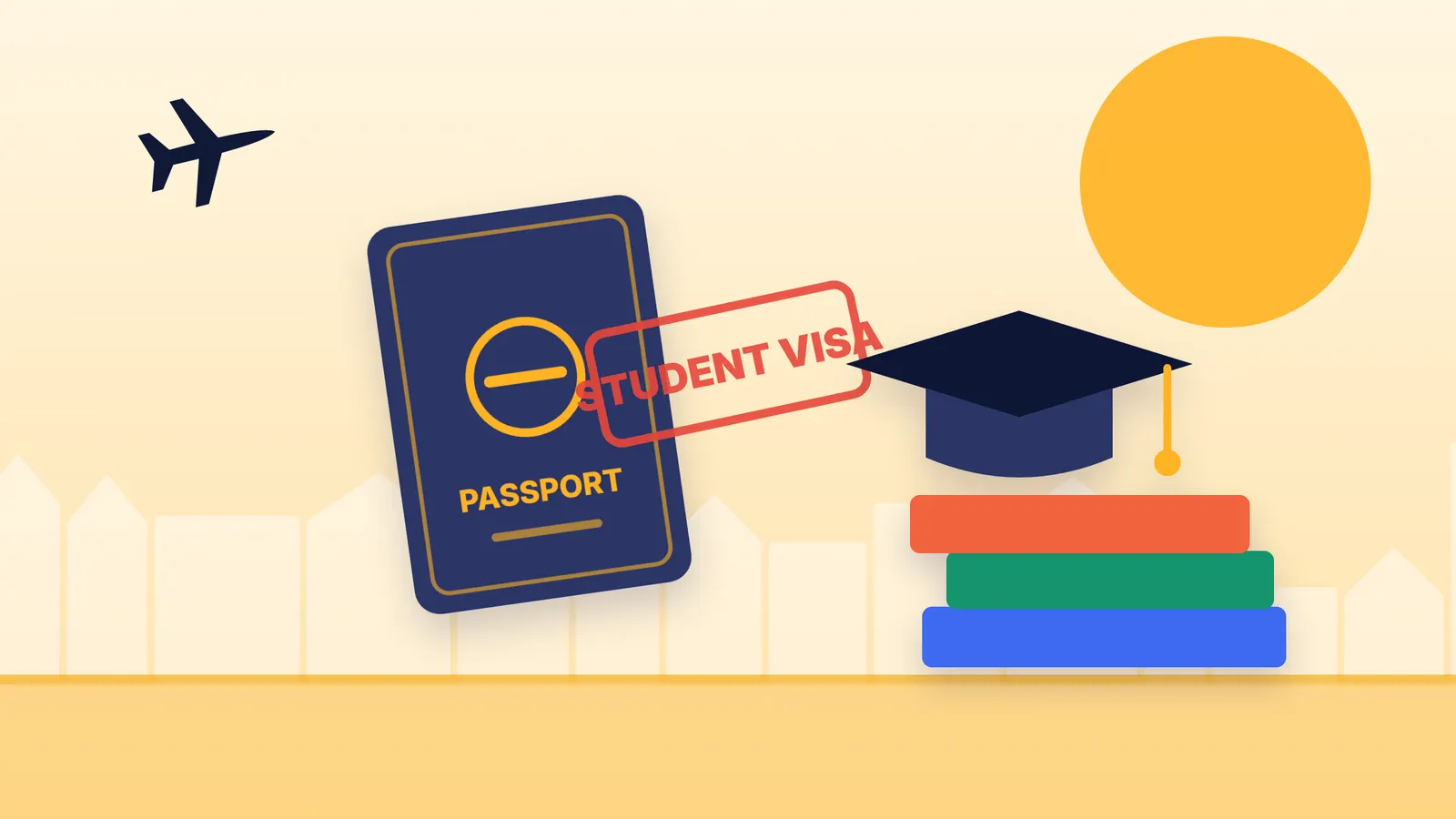 Illustration of a passport with a student visa stamp, a graduation cap, books and a plane