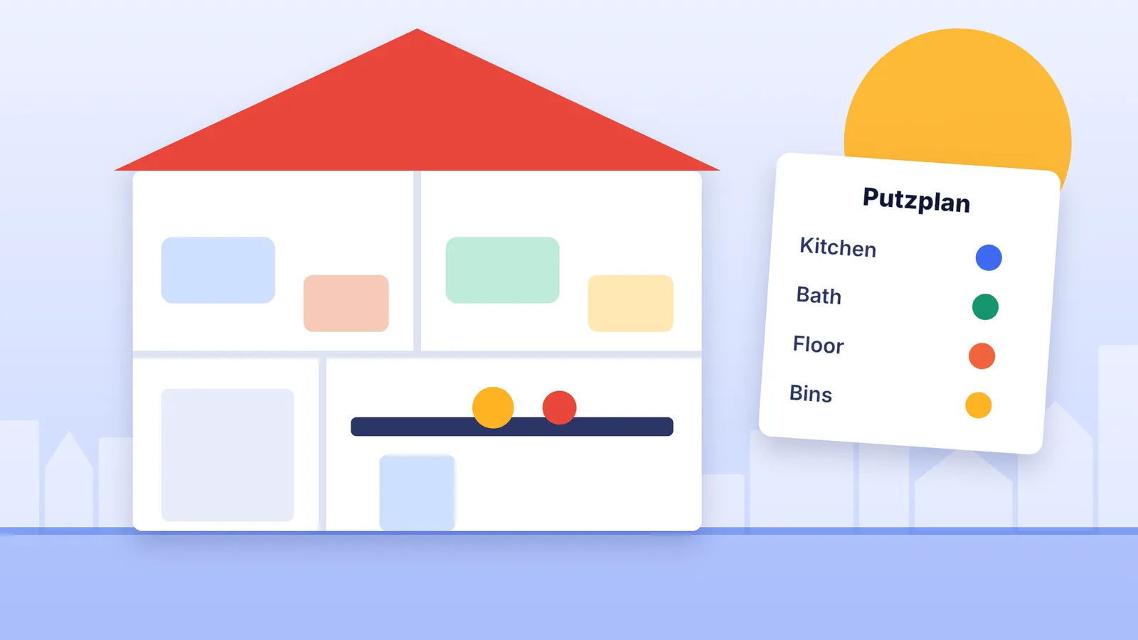 Illustration of a shared flat with three rooms, a shared kitchen and a cleaning rota on the wall