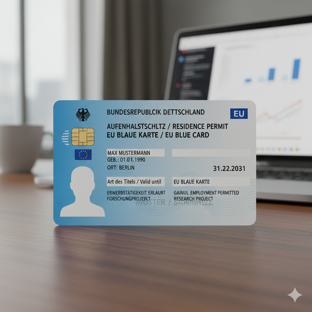 Sample of the German EU Blue Card (Blaue Karte EU) residence permit for 2026, displayed without personal details to illustrate the new immigration standards and salary thresholds.