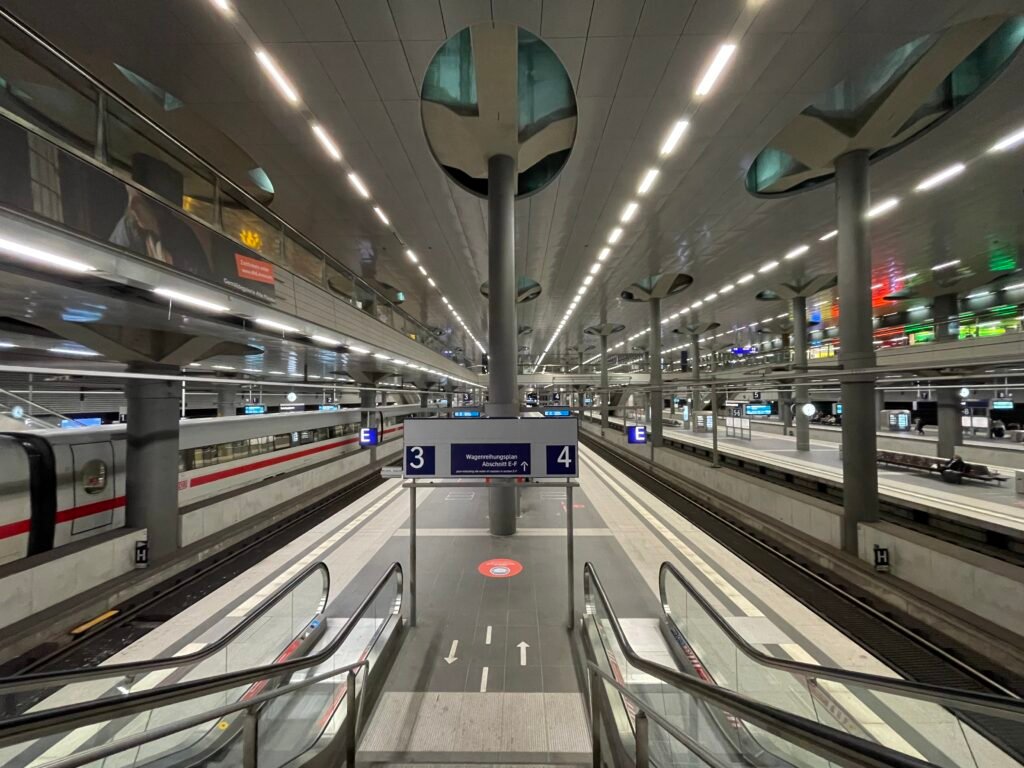 A modern regional train at a station in Berlin.