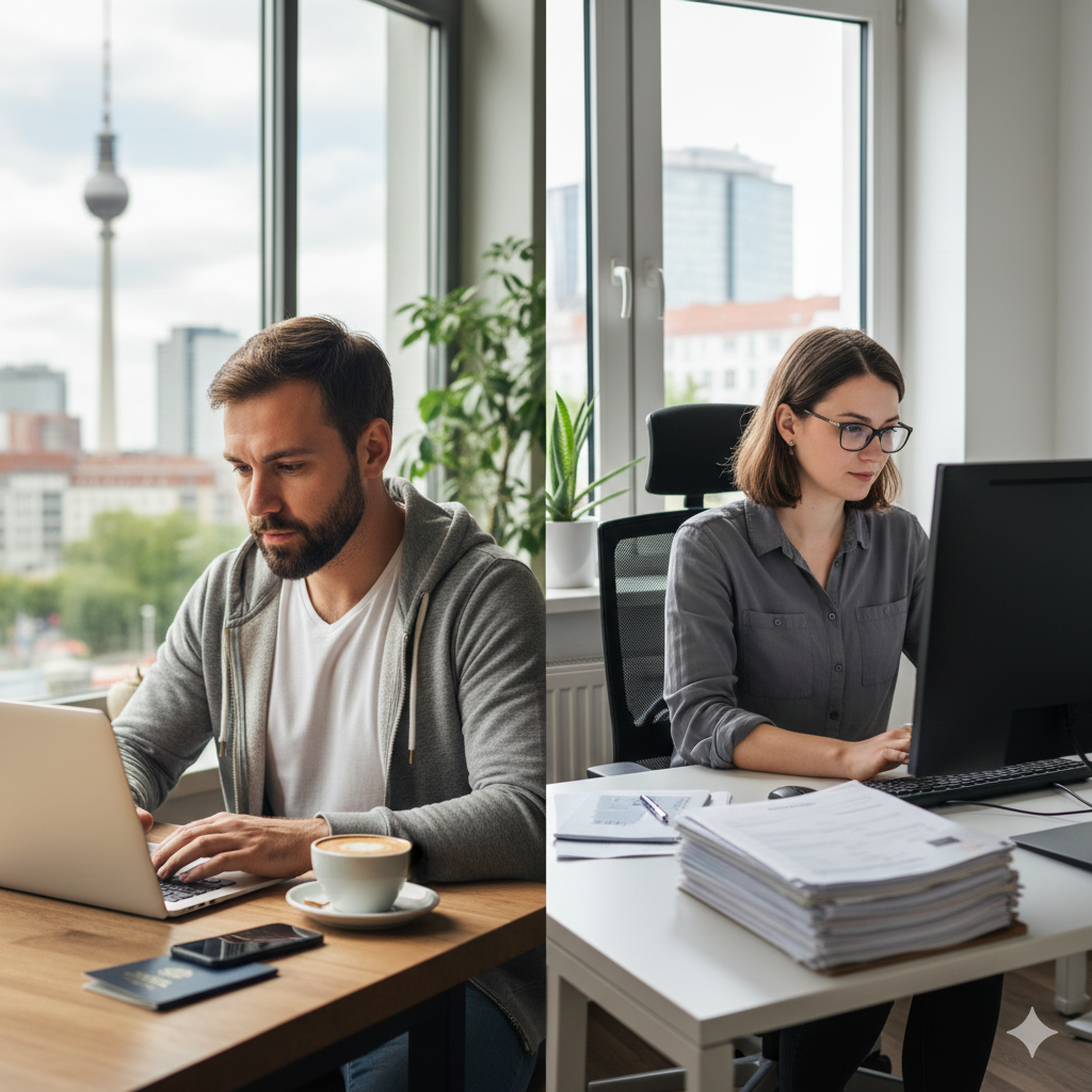 Side-by-side comparison of a digital nomad in a cafe and a local resident freelancer in a German office, illustrating 2026 visa options.