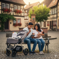 Indian expat couple with newborn baby in a German village, illustrating financial planning for Elterngeld in 2026.