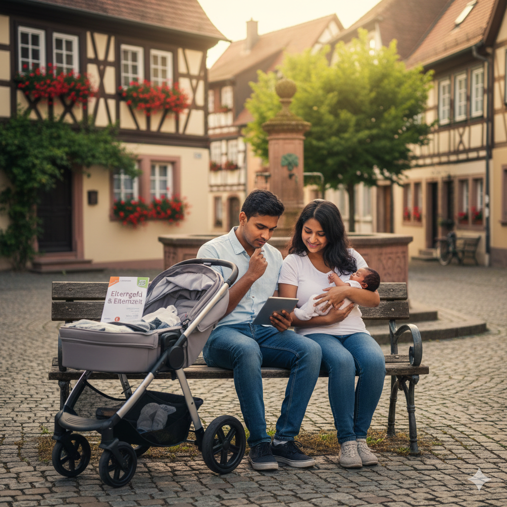 Indian expat couple with newborn baby in a German village, illustrating financial planning for Elterngeld in 2026.