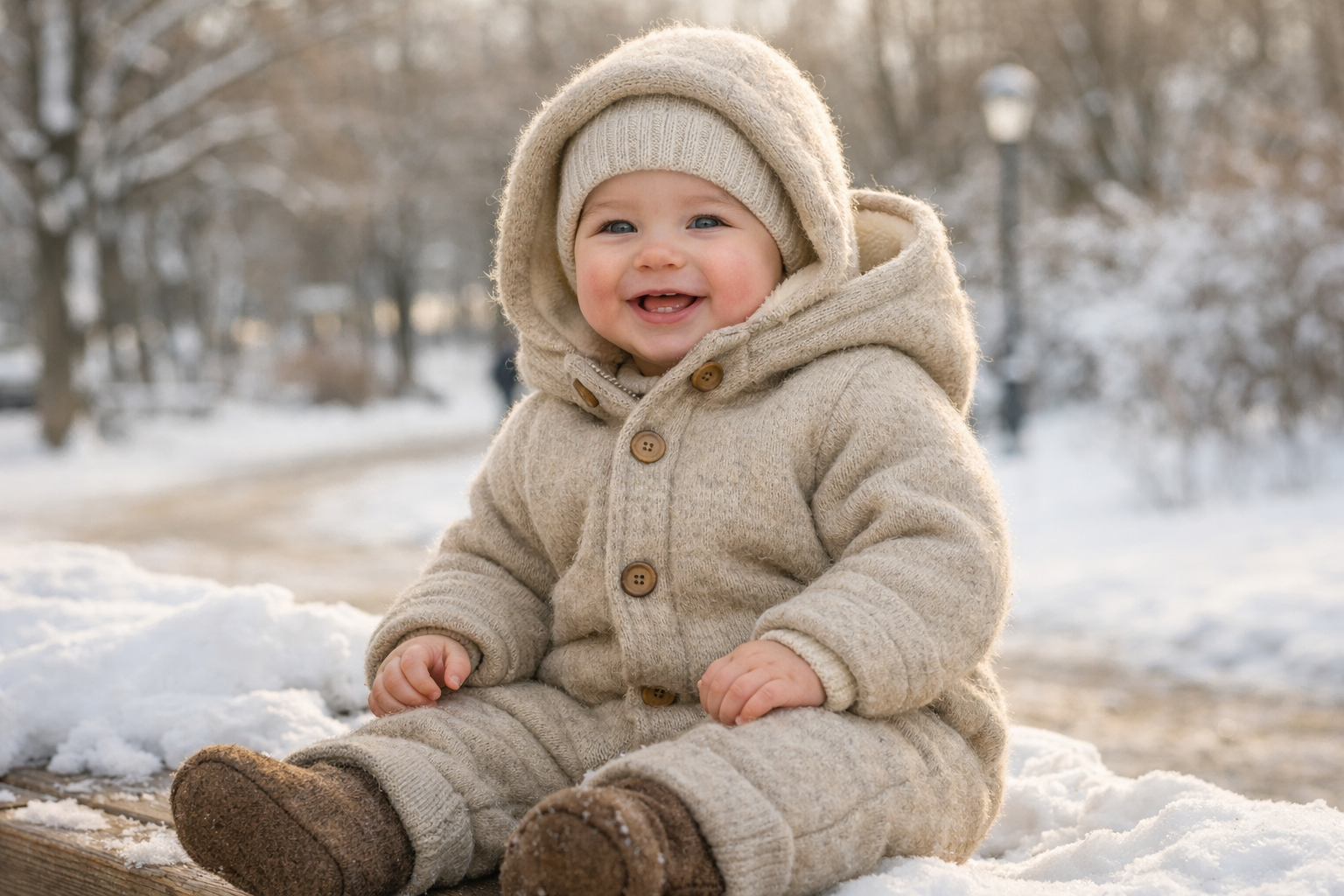 Top organic brands: Baby wearing Hessnatur merino wool overall in Germany