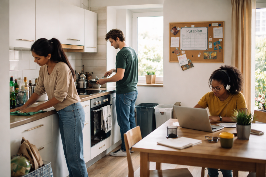 House rules in a WG in Germany: flatmates cleaning, cooking and studying in a shared apartment kitchen