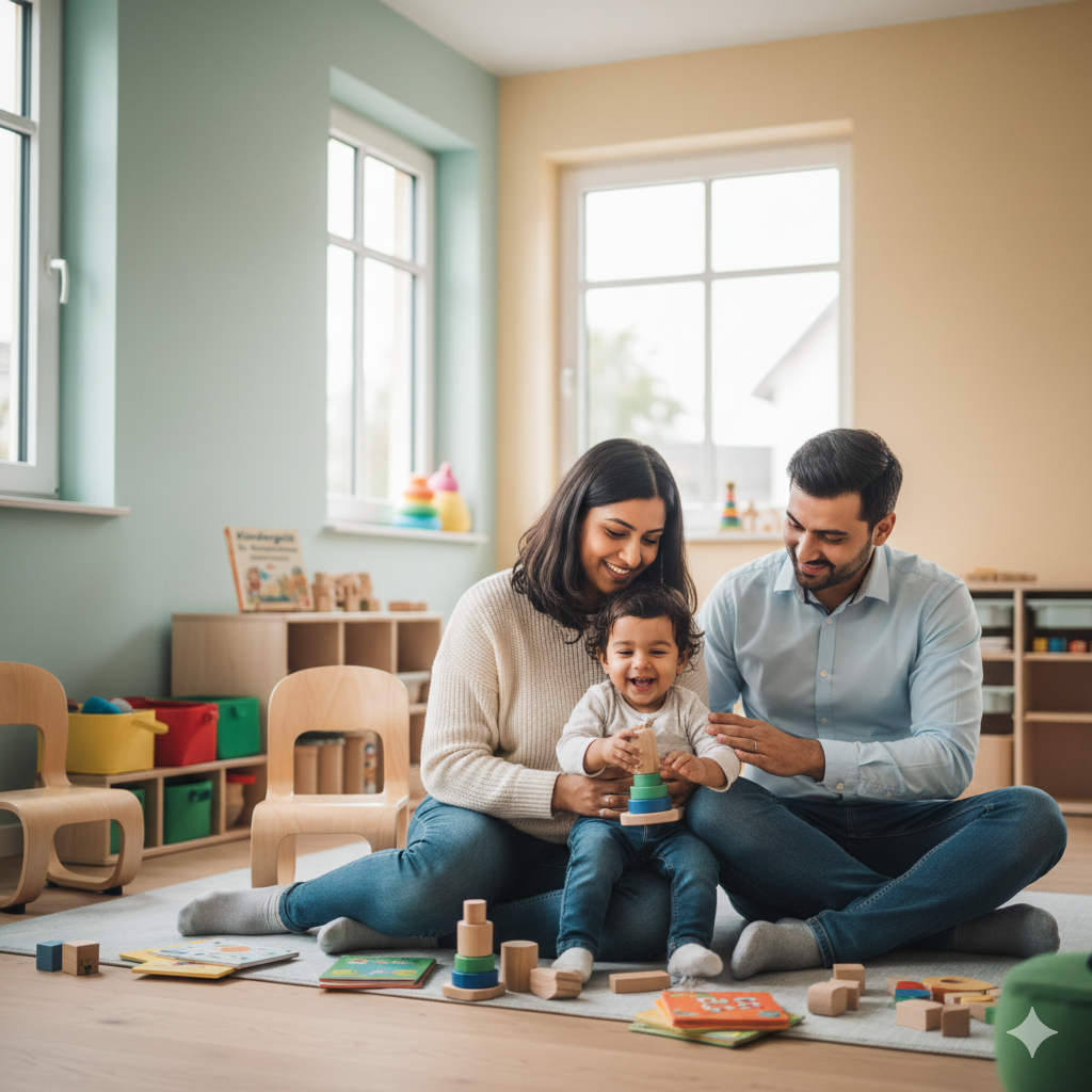 Indian expat parents with a toddler in a modern German nursery, representing Kindergeld child benefit support in 2026.
