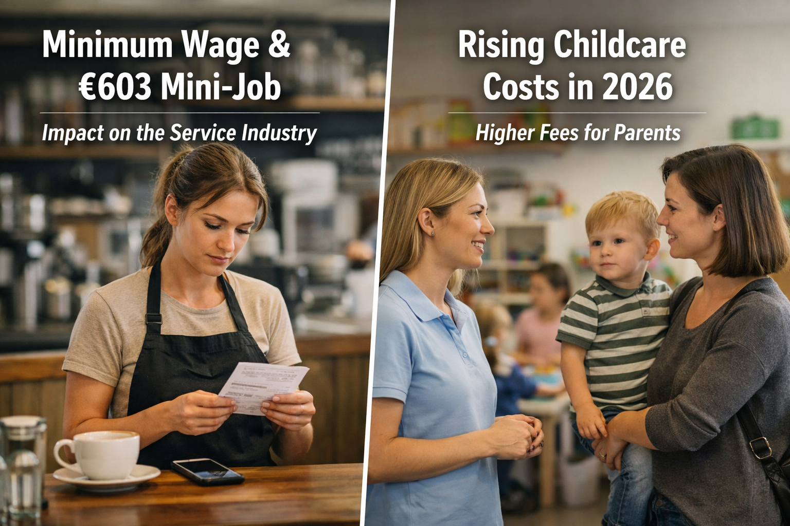Service worker reviewing pay slip and parent discussing childcare costs as Germany’s 2026 minimum wage and €603 mini-job changes impact families and the service industry