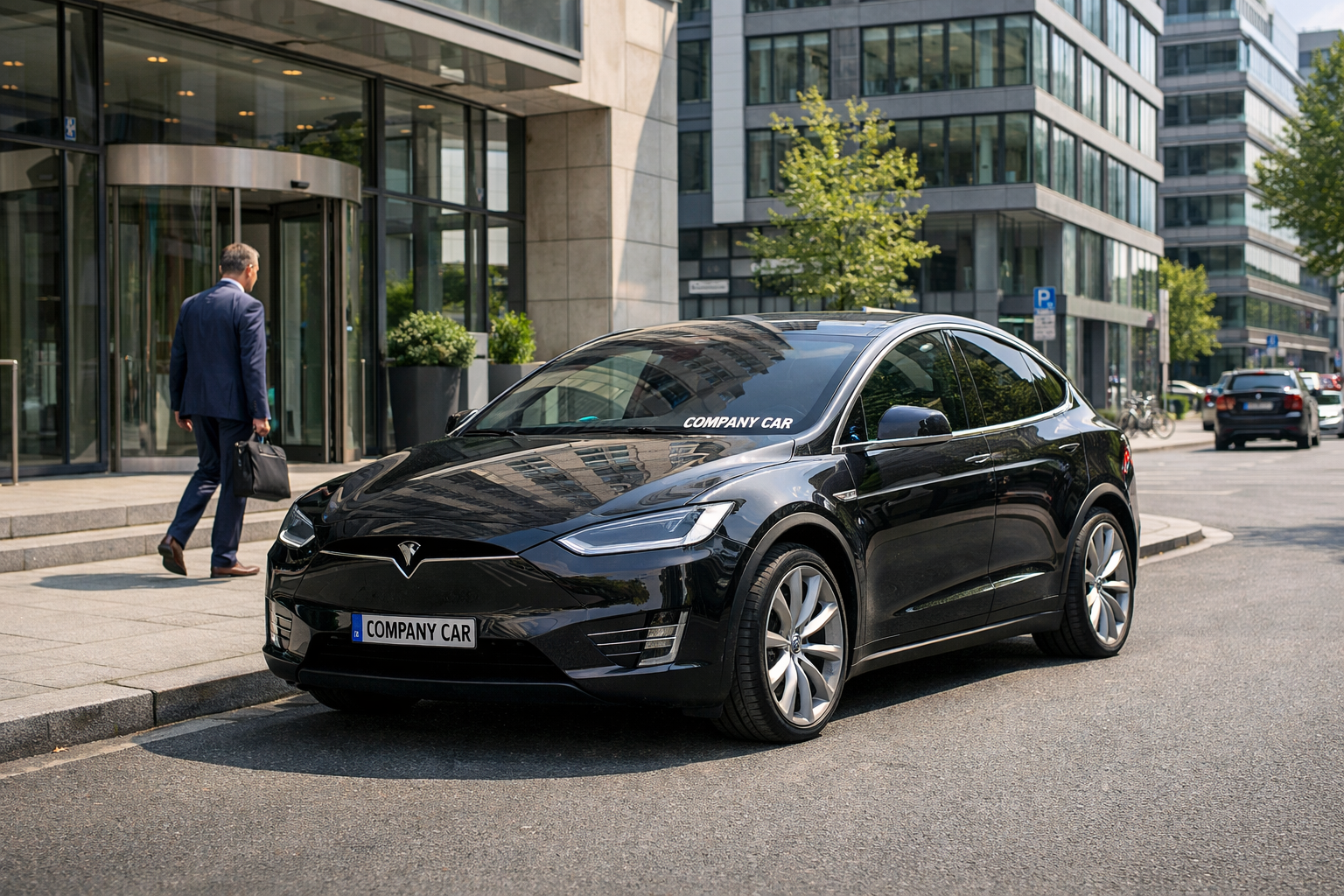 Tesla Model X luxury company car parked on a German city street, illustrating EV Tax Relief 2026 benefits